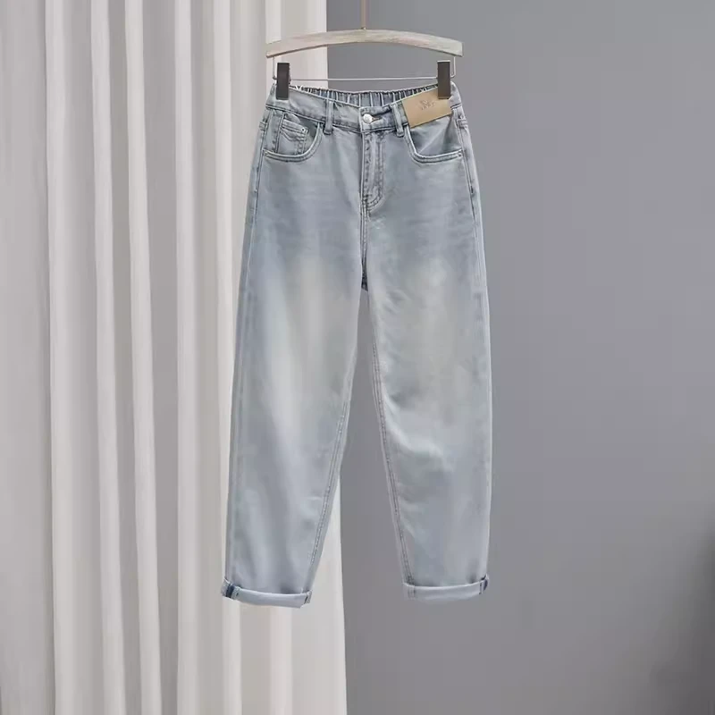 夏季浅色半松紧高腰牛仔裤女2025新款哈伦裤宽松显瘦百搭萝卜裤子