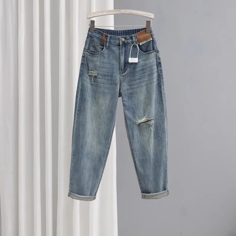 夏季复古破洞牛仔裤女弹力显瘦哈伦裤2025款半松紧高腰百搭萝卜裤