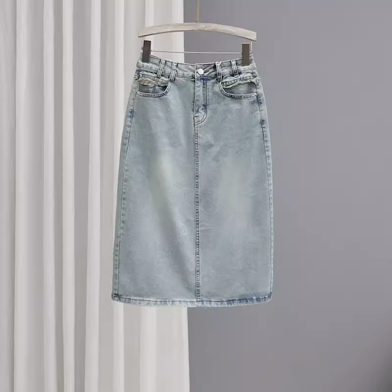 春夏中长牛仔裙女2025新款高腰浅色半身裙后开叉包臀百搭a字裙子