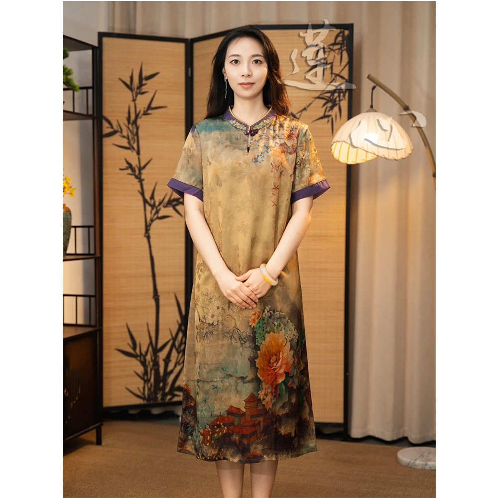 【莲心】莨丝阁定制夏季新款气质盘扣新中式国风提花女装复古连衣裙