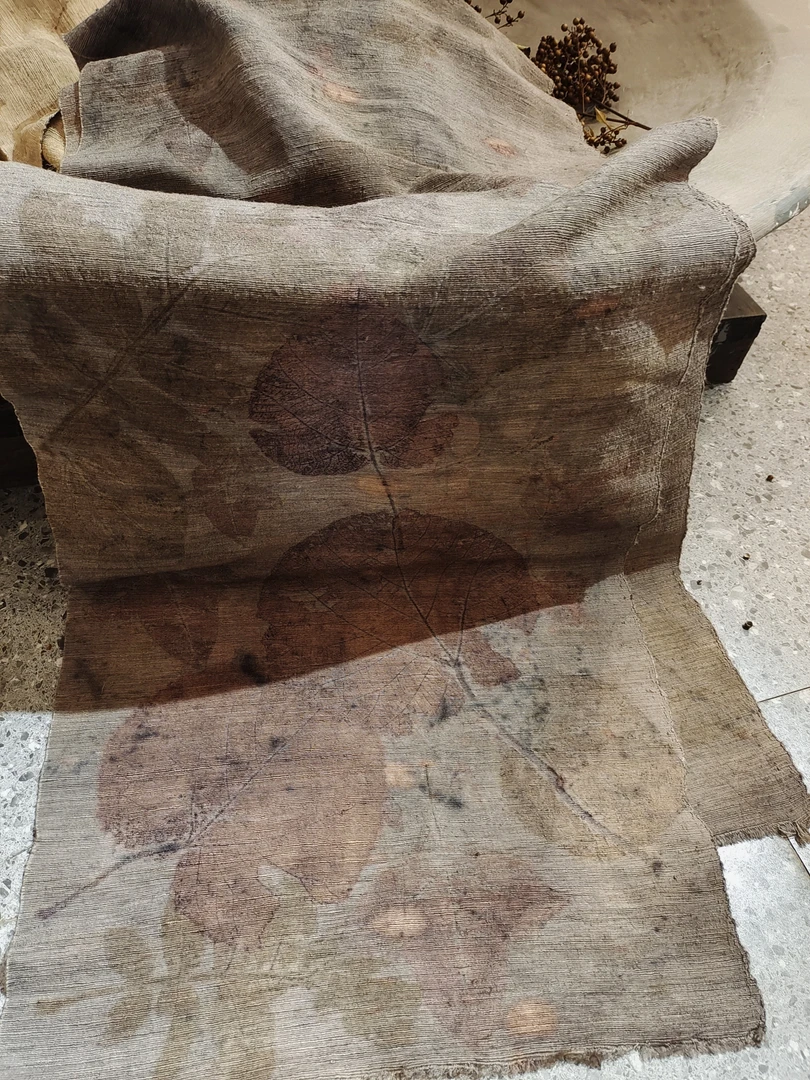 NatureDye OS153319 植物染叶片拓印茶席复古气质柞蚕丝拼色席子