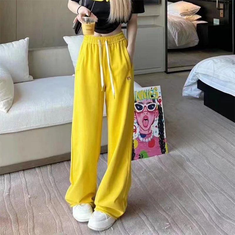 多巴胺黄色运动女夏季薄款2025新款直筒宽松卫裤休闲拖地阔腿裤子