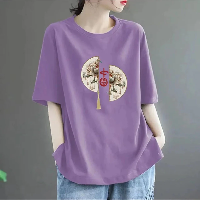 夏季新款国潮风纯棉T恤女洋气显瘦时尚百搭气质大码宽松圆领上衣