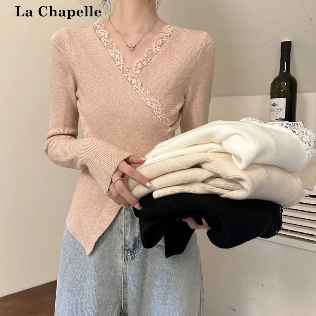 拉夏贝尔法式交叉蕾丝长袖针织衫女秋冬洋气别致高级感打底衫毛衣