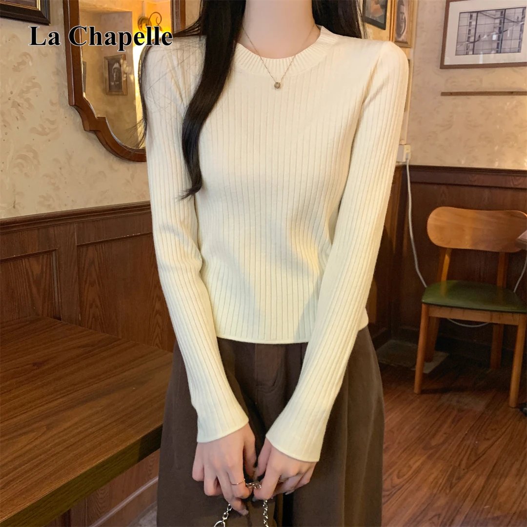 拉夏贝尔圆领打底衫女秋冬季黑色毛衣内搭修身显瘦针织打底衫上衣