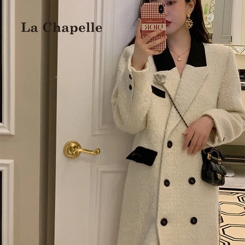 拉夏贝尔高级感双排扣毛呢外套女秋冬中长款过膝赫本风呢子大衣女