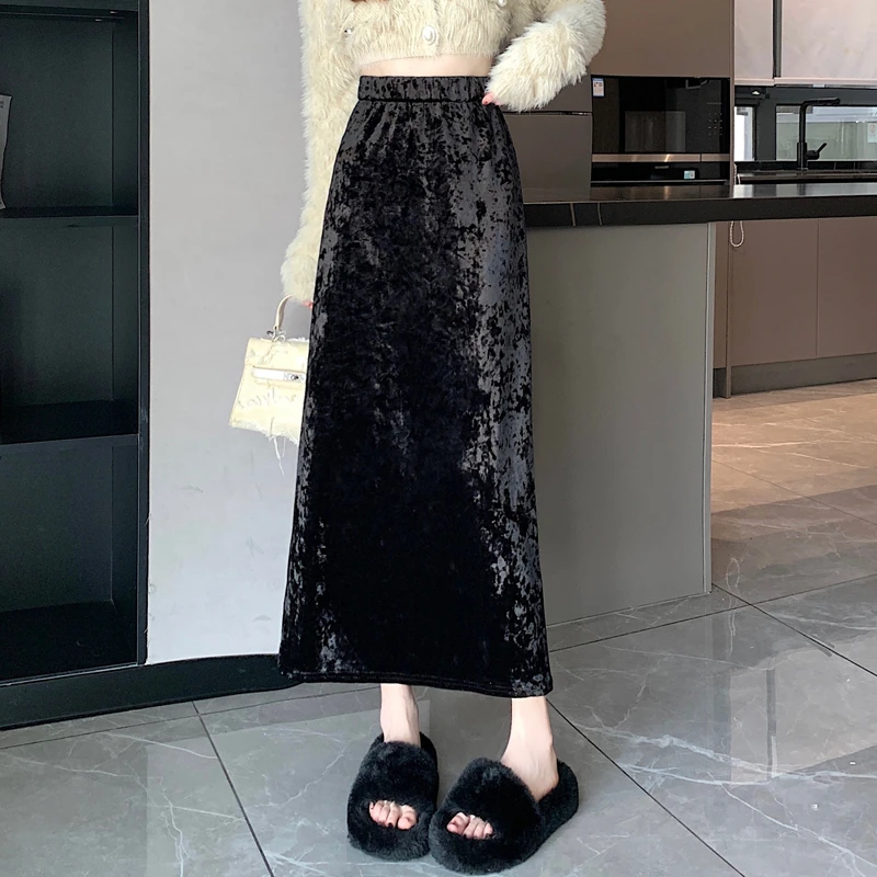 新钻石绒提花半身裙女秋冬高腰遮胯裙开叉显瘦包臀加绒加厚半身裙