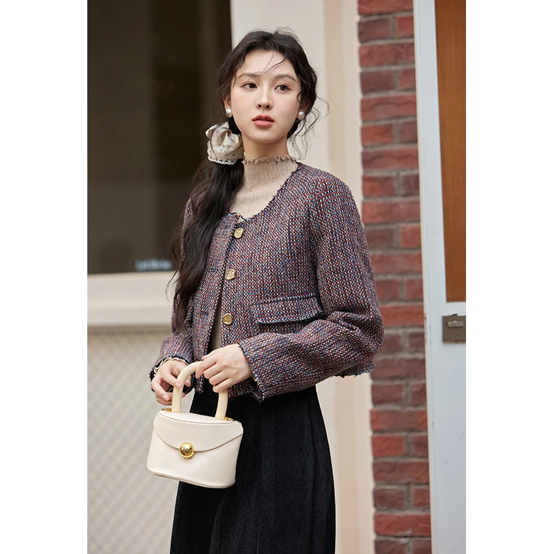 【年末大促】谜秀亮丝粗花呢小香风秋冬外套冬季短款气质呢外套针织