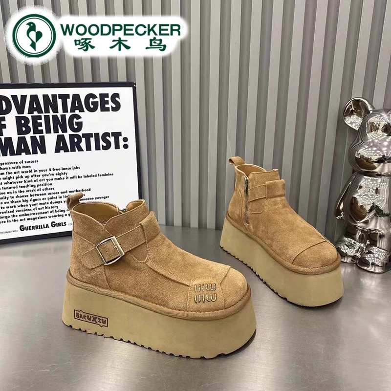 啄木鸟磨砂皮百搭厚底松糕底丑萌面包鞋博肯鞋雪地棉鞋增高女鞋子