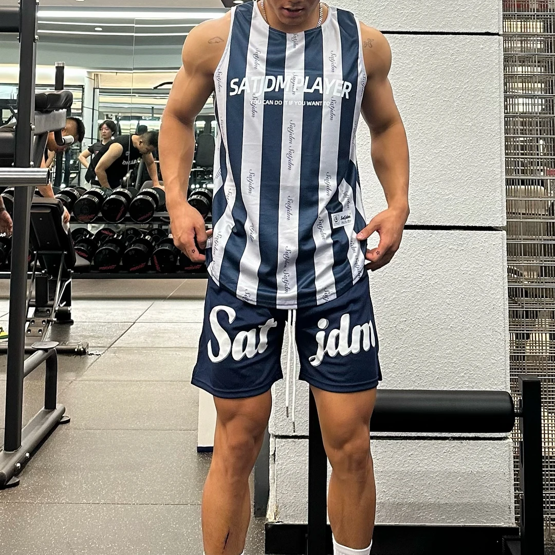 美式运动背心男SATJDM竖条纹足球服透气窄肩健身训练篮球T恤球衣