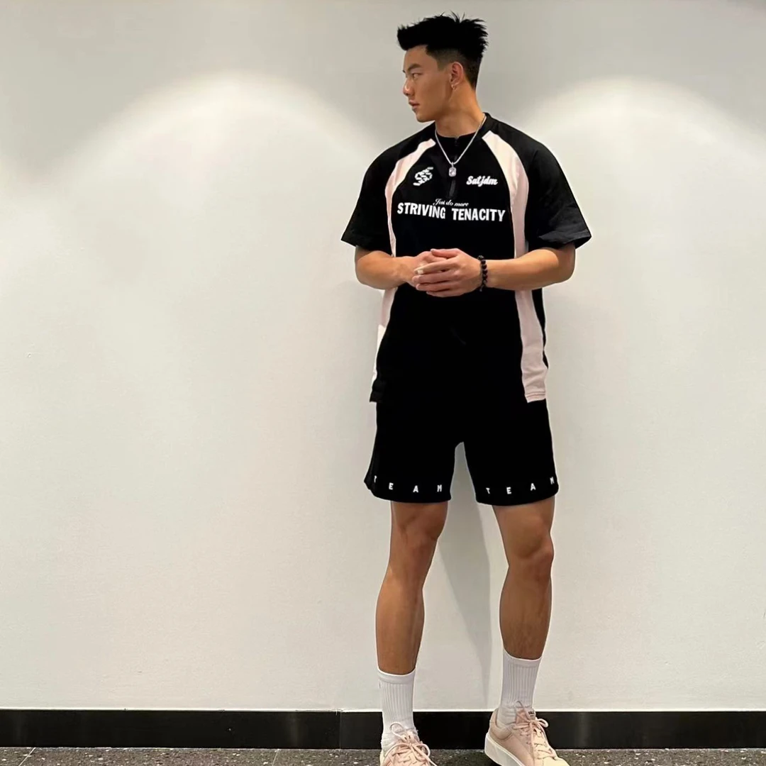 Satjdm美式复古运动T恤足球服短袖橄榄球宽松拉链拼接纯棉国潮