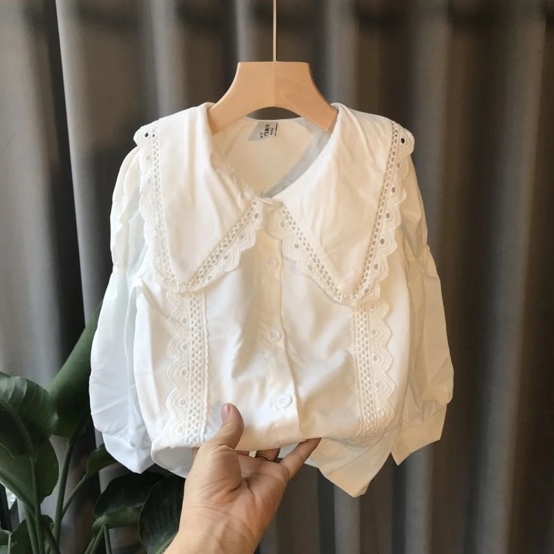 女童衬衫长袖春秋春款新款儿童纯色韩版洋气女宝宝飞袖拼接上衣潮