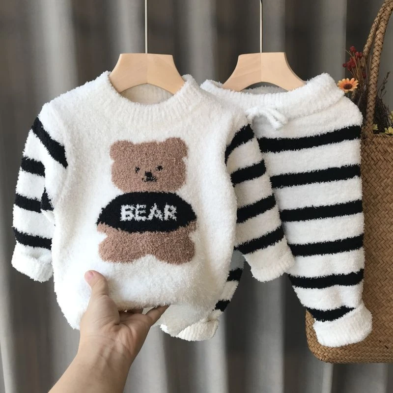 男女童睡衣日系条纹加厚毛线衣秋冬装2025新款儿童宝宝家居服套装