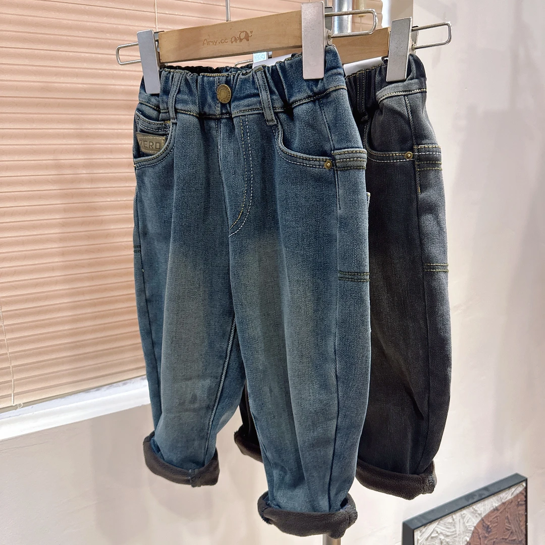 A地。1836橘子冬款一体绒男童时尚潮流个性牛仔裤