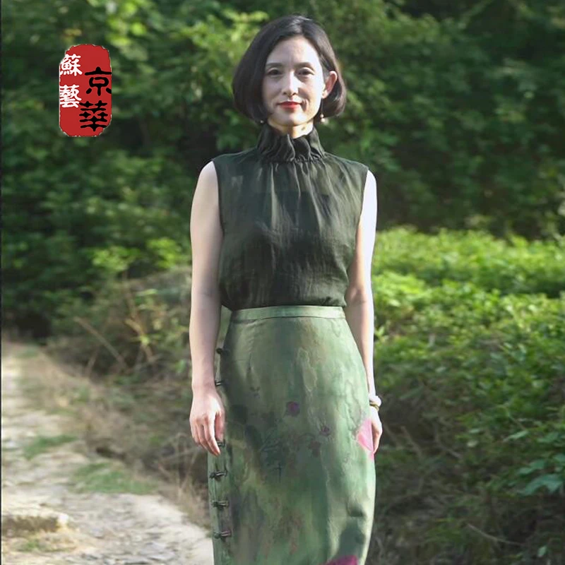 【京华苏艺】复古百搭桑蚕丝香云纱气质国风花苞领夏季上衣66028