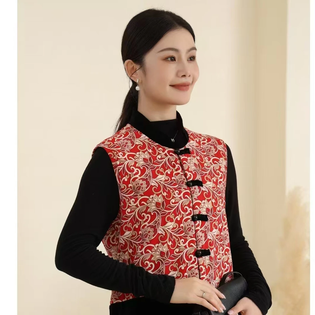 马甲女士羊驼夹层发热贴片盘扣开衫妈妈防寒保暖中国风复古加厚