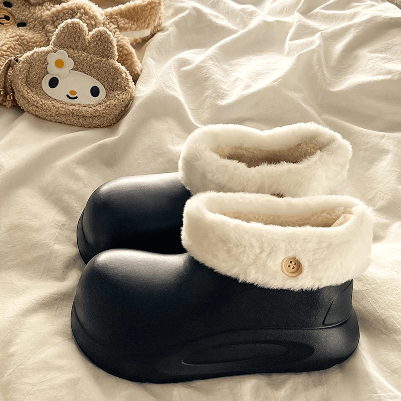 加绒加厚秋冬季短靴女室内居家可外穿防水防滑纯色耐磨保暖棉鞋潮