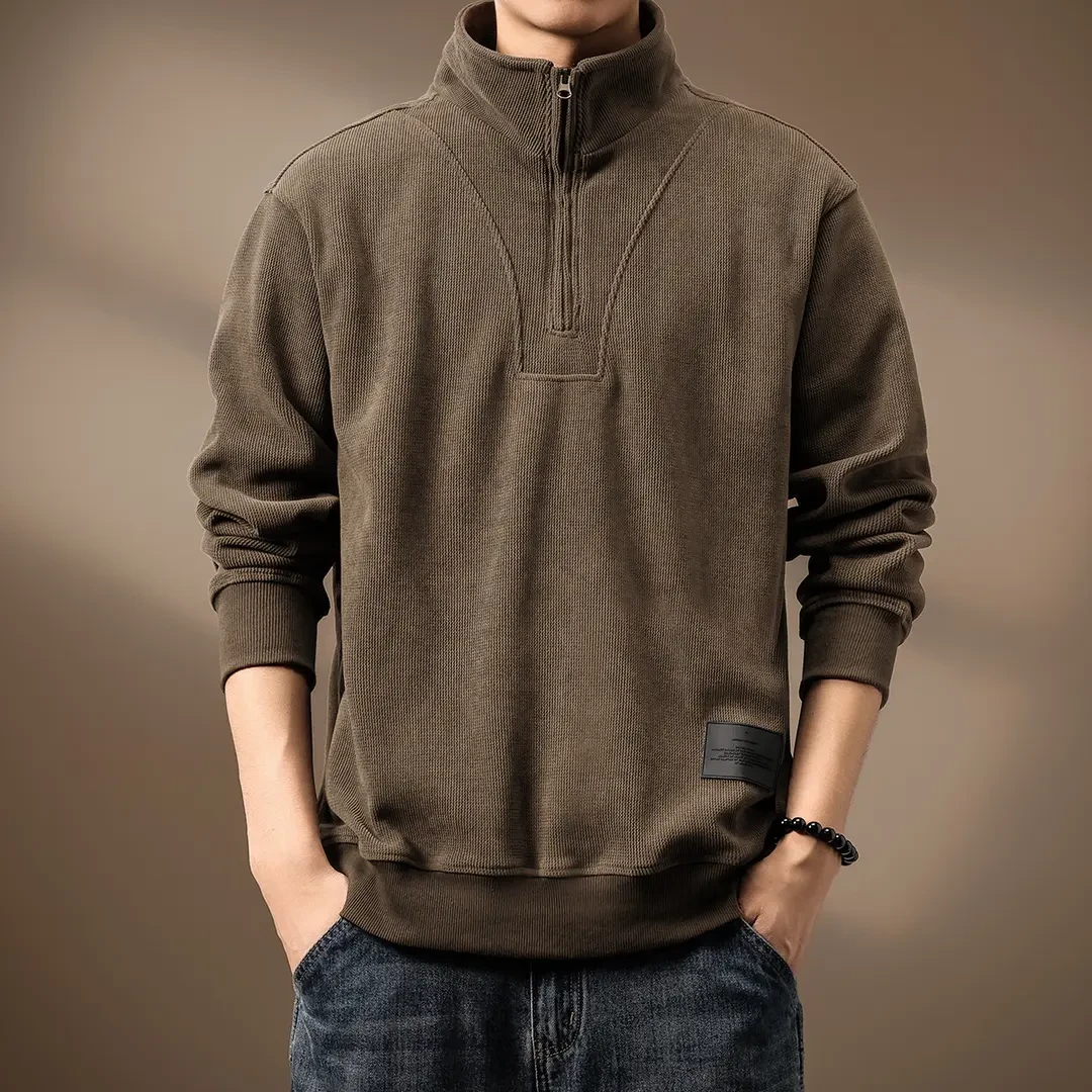 高端360g重磅雪尼尔半高领卫衣男冬季加绒美式运动宽松条绒外套男