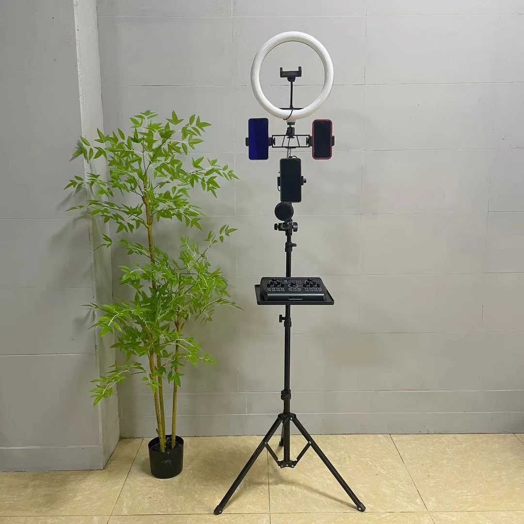 手机直播拍摄支架抖音神器落地式桌面三角直播支撑架补光灯话筒架
