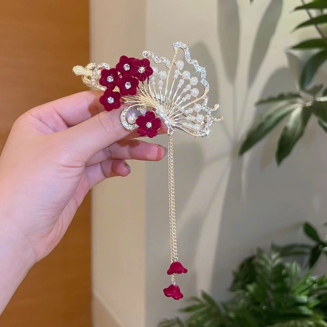 红色植绒梅花蝴蝶流苏扭扭夹古典时尚一字夹百搭精致发夹