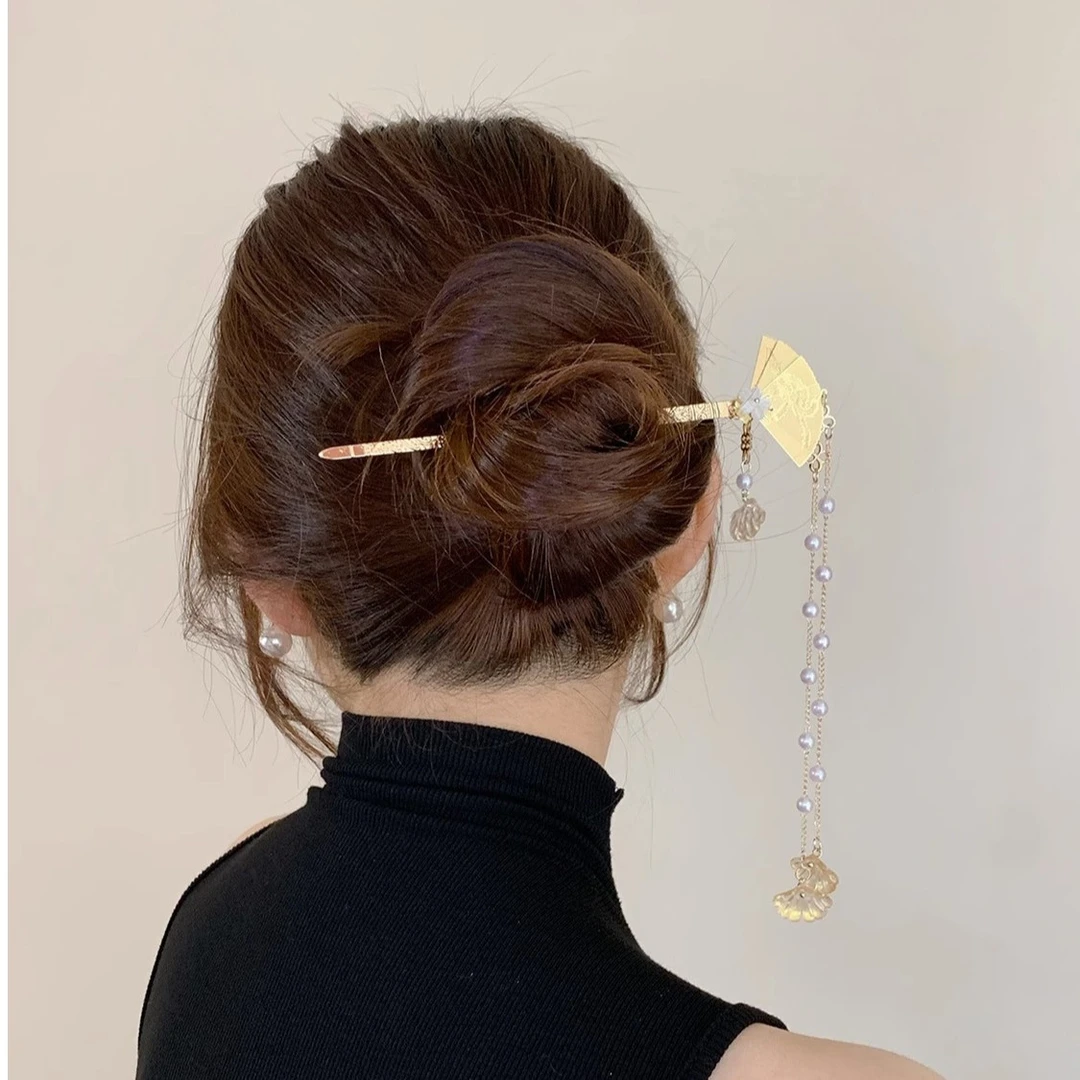 扇子发簪女古风高级感盘发器新中式贝珠流苏簪子汉服