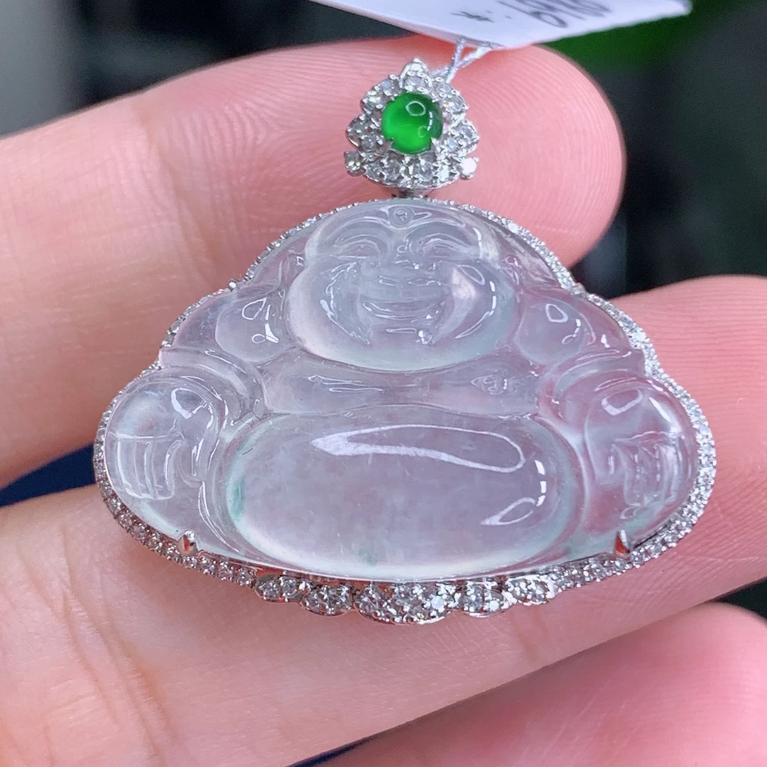 天然缅甸A货翡翠冰种冰透佛公镶嵌18k金吊坠