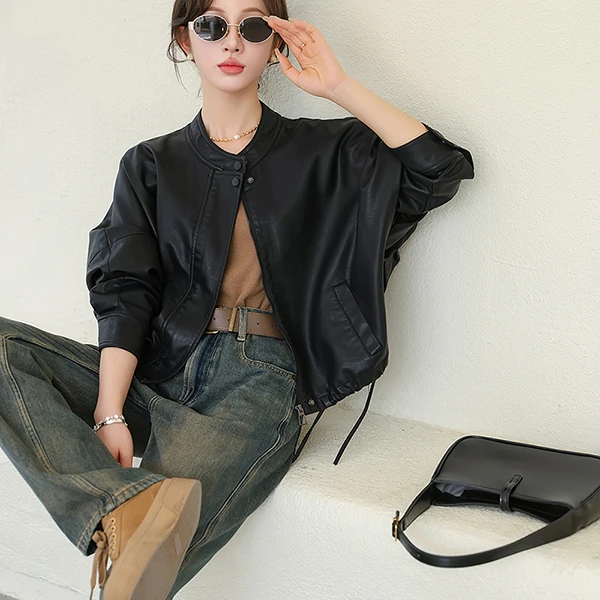 春季新品休闲短款皮衣女外套新款宽松立领水洗蛋白皮皮女士皮衣