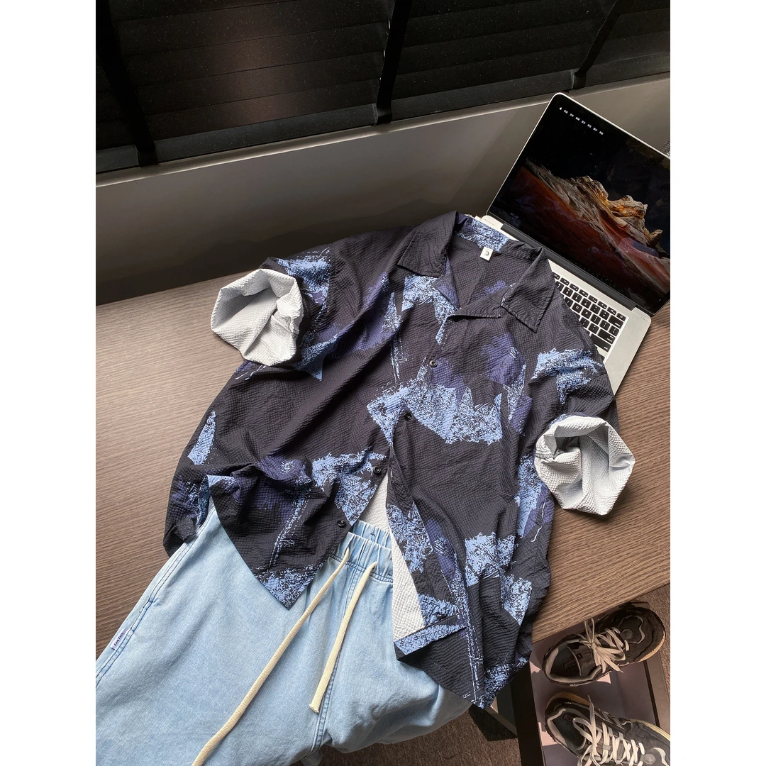 美式短袖衬衫男士夏季新款复古度假风百搭休闲宽松痞帅半袖衬衣