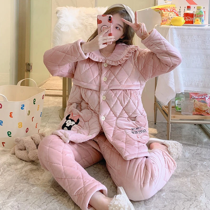 三层夹棉加绒加厚珊瑚绒孕妇睡衣冬季产后月子服喂奶家居服