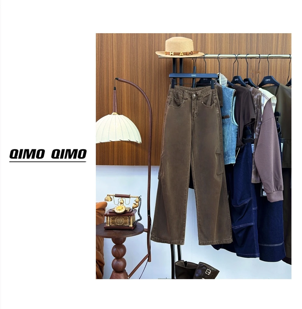 QIMO启茉（A960903#O高腰阔腿牛仔裤）咖色