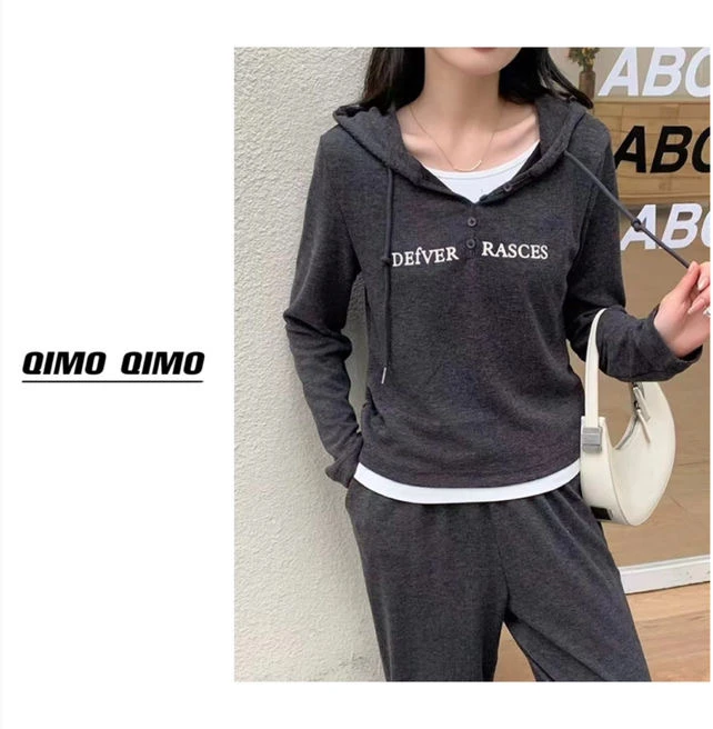 QIMO启茉(A240113#假两件连帽上衣)灰色