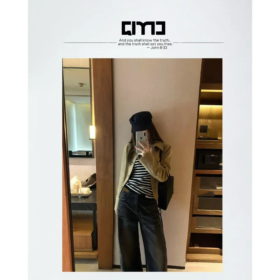 QIMO启茉（A9009#Q高腰阔腿牛仔裤（加绒）黑灰色