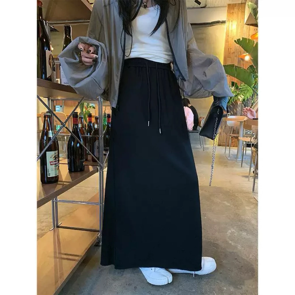 QIMO启茉（A665983#松紧腰抽绳半身裙）黑色