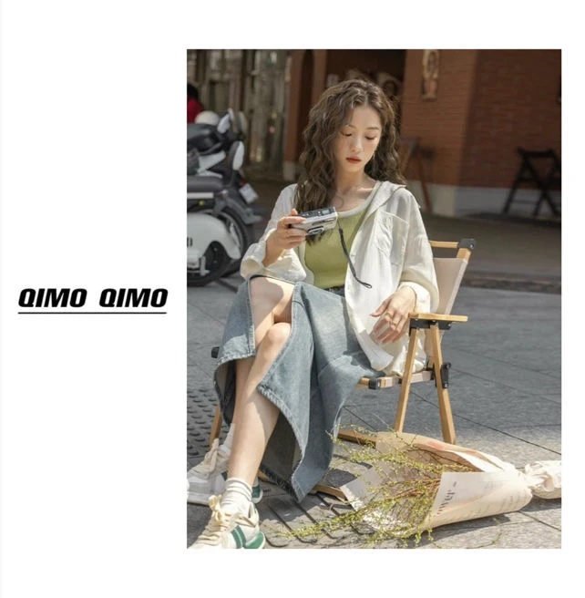 QIMO启茉（A780202#开叉牛仔半身裙）蓝色