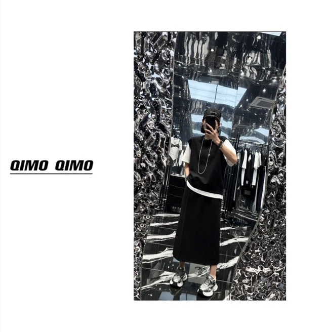 QIMO启茉（A0825-23#设计师假两件上衣）黑色