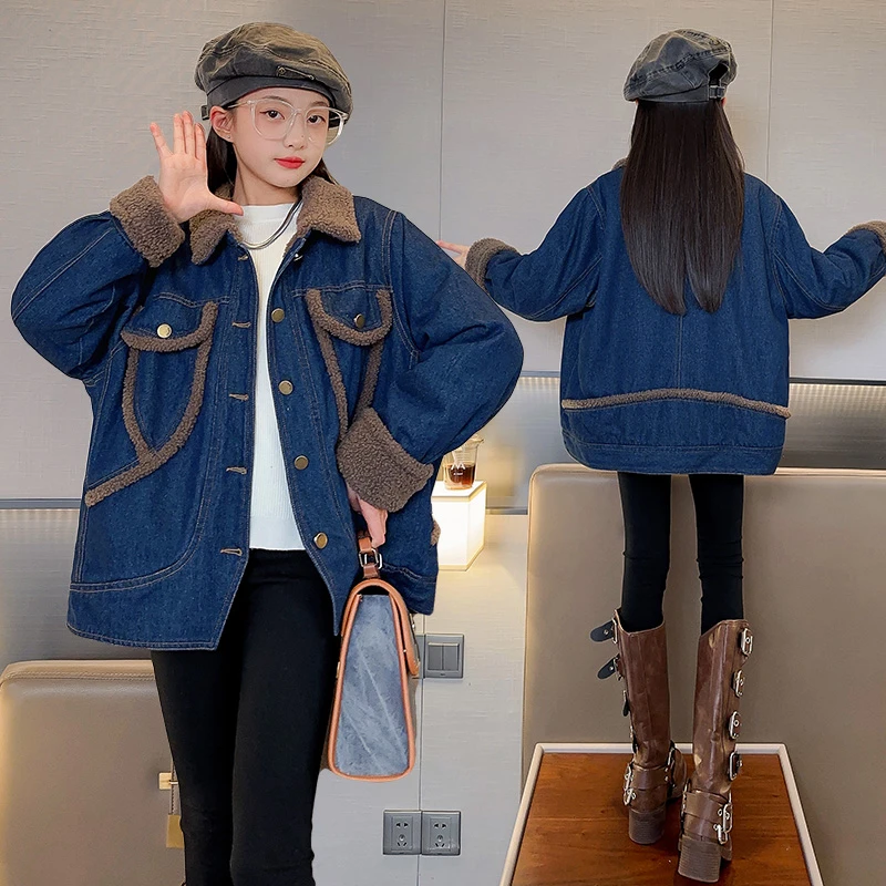 女童冬季棉服2024新款女孩加绒加厚派克服儿童牛仔外套童装棉袄潮