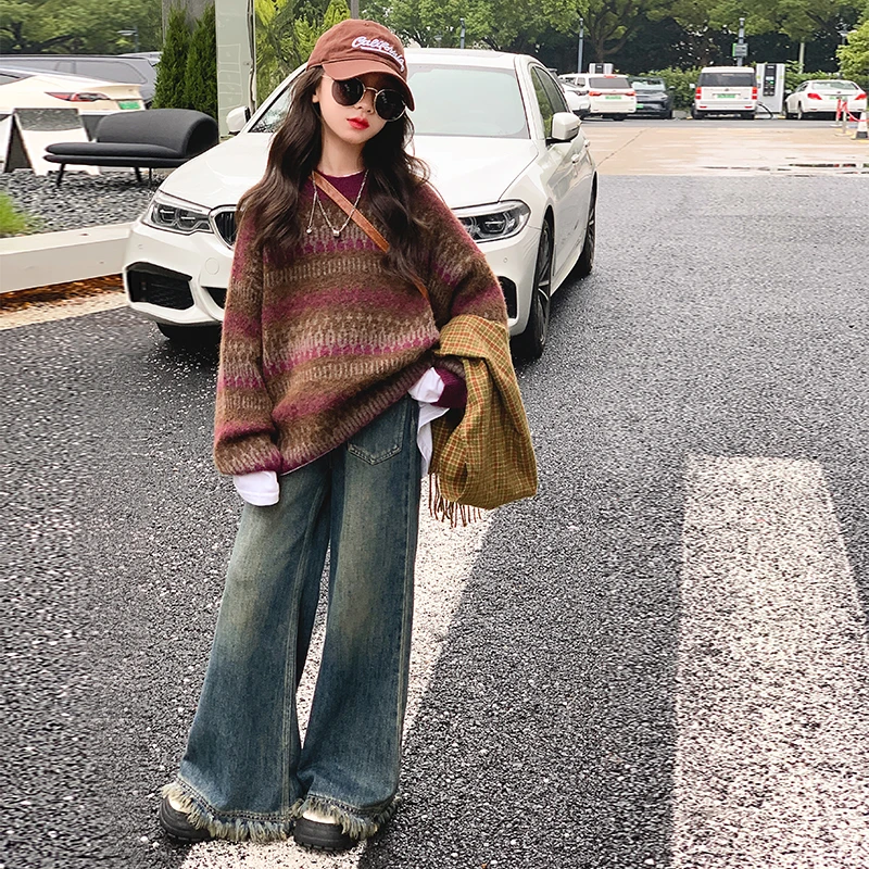 女童毛衣冬季加厚2024新款中大童慵懒风针织打底衫保暖秋冬款套装