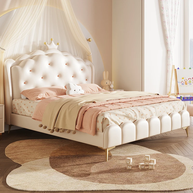 儿童床女孩法式奶油风卧室少女公主床皇冠草莓软包儿童床女孩子
