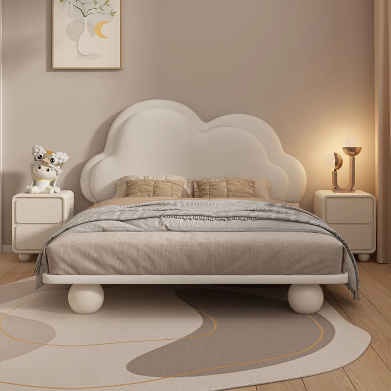 奶油风云朵床公主床女孩实木真皮床1.5m女生卧室床少女单人床定制