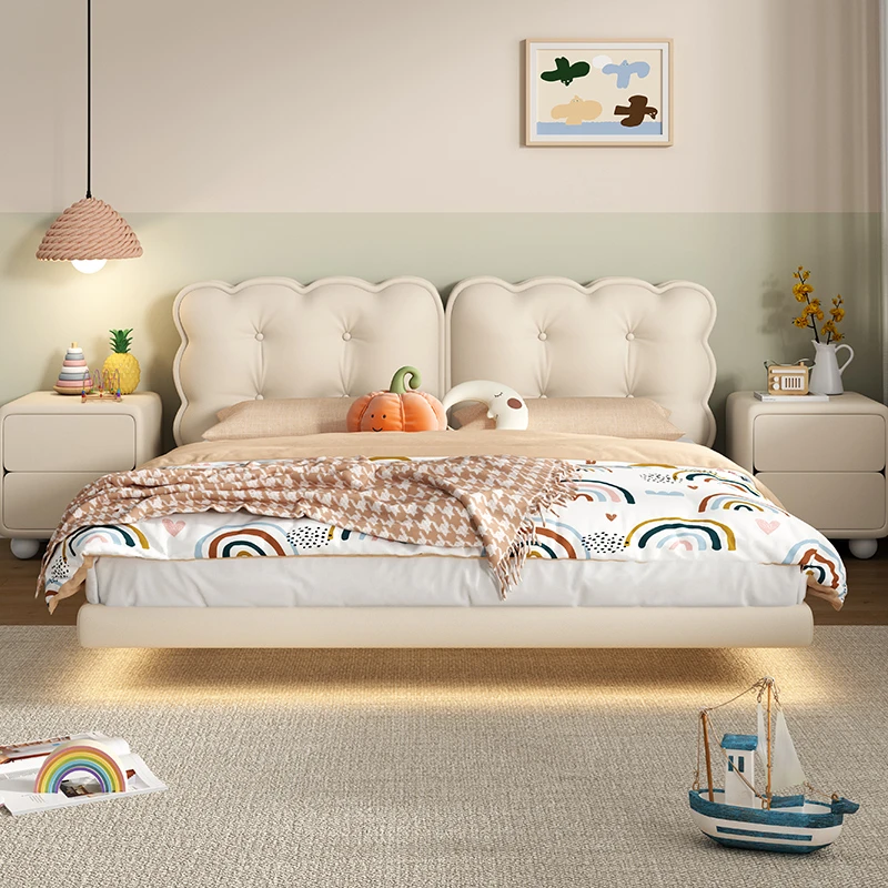 儿童床女孩饼干悬浮床童趣轻奢现代简约实木网红奶油风单人床