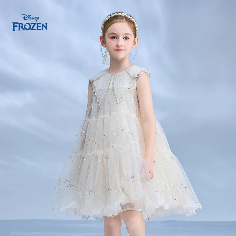 Disney/迪士尼25冰雪奇缘女童洋气无袖翻领连衣裙白色夏季公主裙