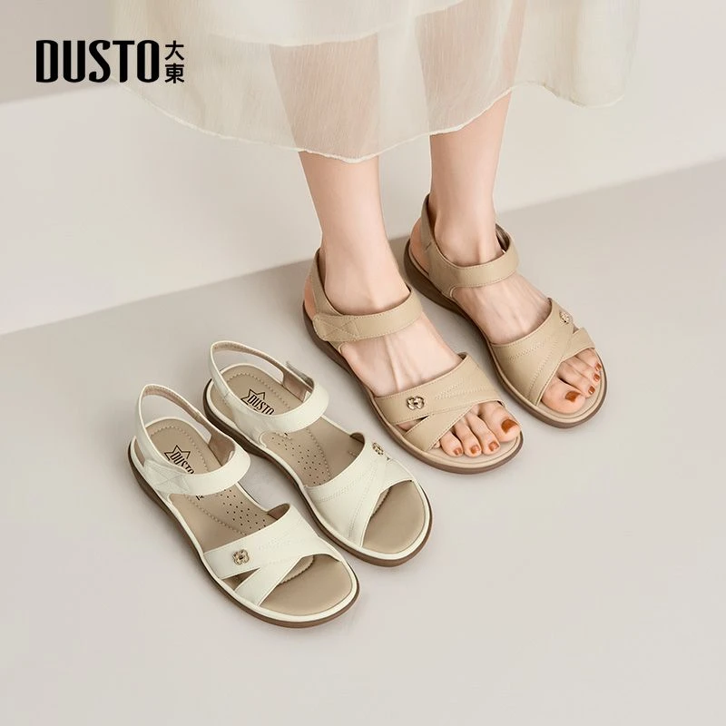 DUSTO/大东一字带凉鞋女2025夏季新款时尚休闲坡跟中跟魔术贴3473