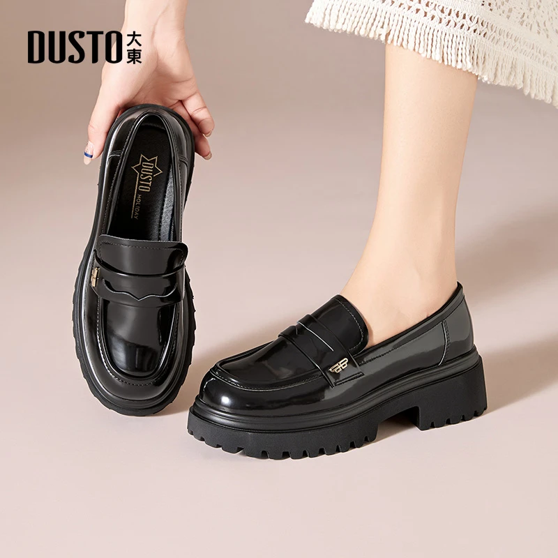 DUSTO/大东圆头乐福鞋2024新款爆款舒适休闲百搭女鞋粗跟单鞋3136