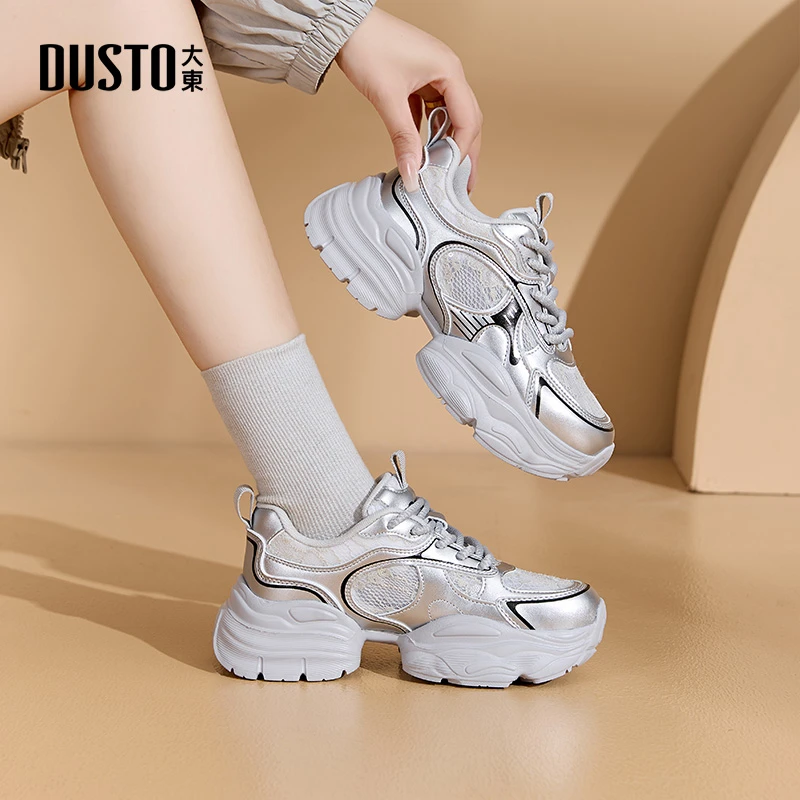 大东女鞋2025新款爆款时尚百搭蕾丝面圆头厚底增高运动老爹鞋0318