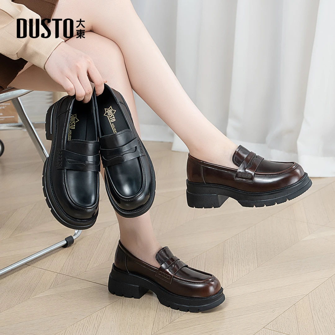 大东厚底乐福鞋女2024秋冬时尚百搭休闲厚底复古黑色增高女鞋0132