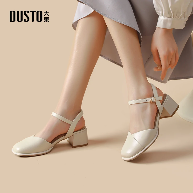 DUSTO/大东后空凉鞋女鞋2024夏季新款简约优雅粗跟高跟方头一字扣