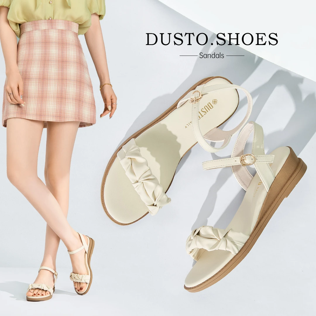 DUSTO/大东凉鞋女2024夏季新款休闲坡跟褶皱一字扣纯色女鞋0032