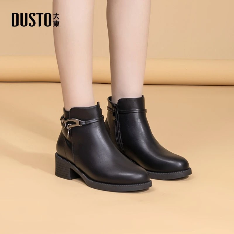 大东女鞋2025秋冬中年妈妈短靴粗跟棉鞋女加绒保暖防滑皮鞋女0028