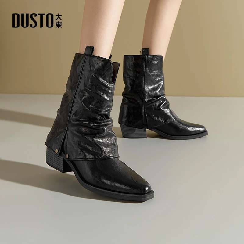 大东靴子2025春季新款时尚百搭复古短靴英伦风粗跟显高时装靴0179