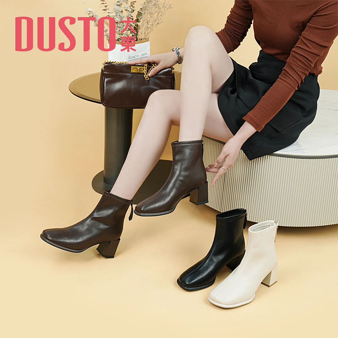 DUSTO/大东短靴2025年冬季新款时尚潮流舒适粗跟方头高跟女鞋0113